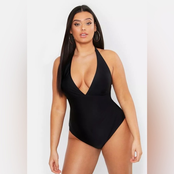 Boohoo Plus NWT Control Halterneck Swimsuit Black Size 16 - Picture 1 of 15